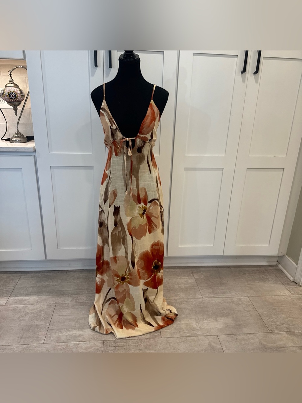 NWT Paper Heart linen blend Floral Tie-Front Maxi Dress in Cream and Rust XL
